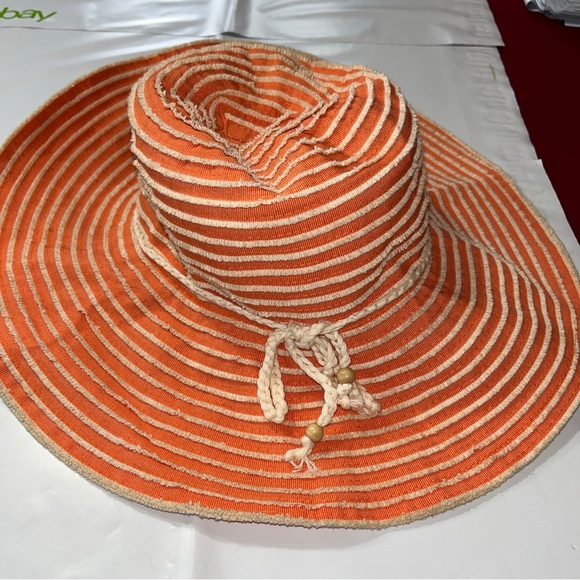 Peach Beige Striped Beach Hat Straw Floppy Resort Hat Wide Brim Textured Stripes - Picture 3 of 14